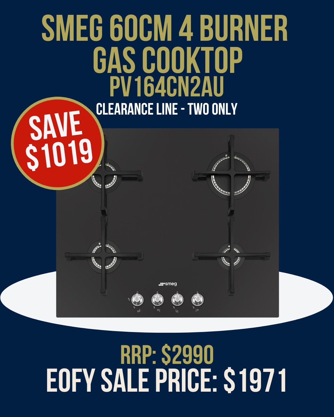 Smeg 60cm 4 Burner Gas Cooktop - PV164CN2AU *Clearance Line*