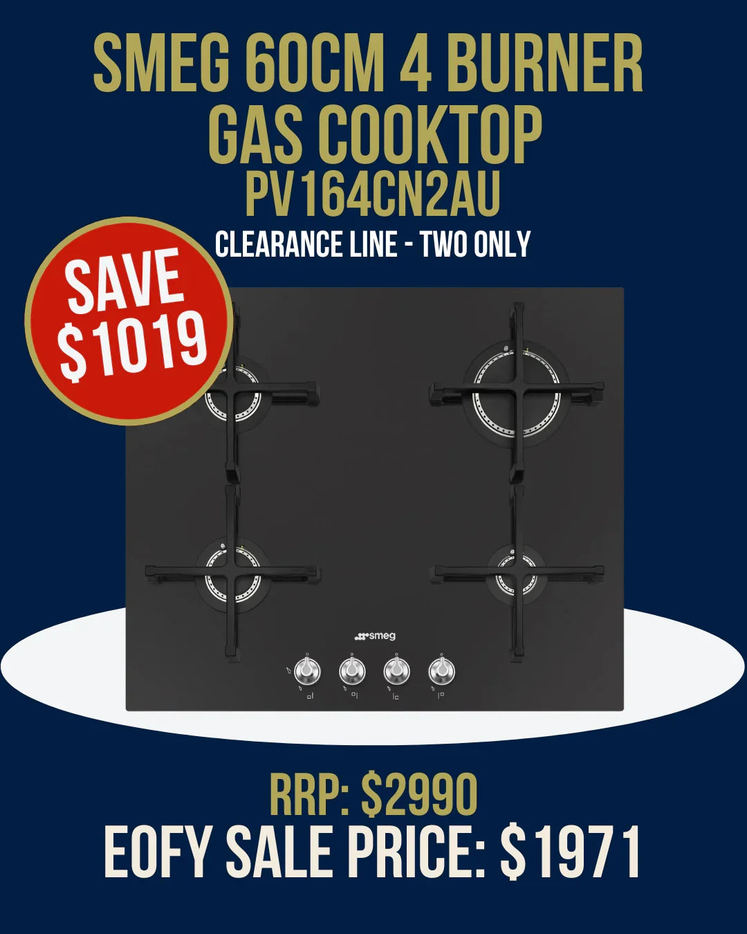 SMEG 60cm 4 Burner Gas Cooktop PV164CN2AU Clearance Sale