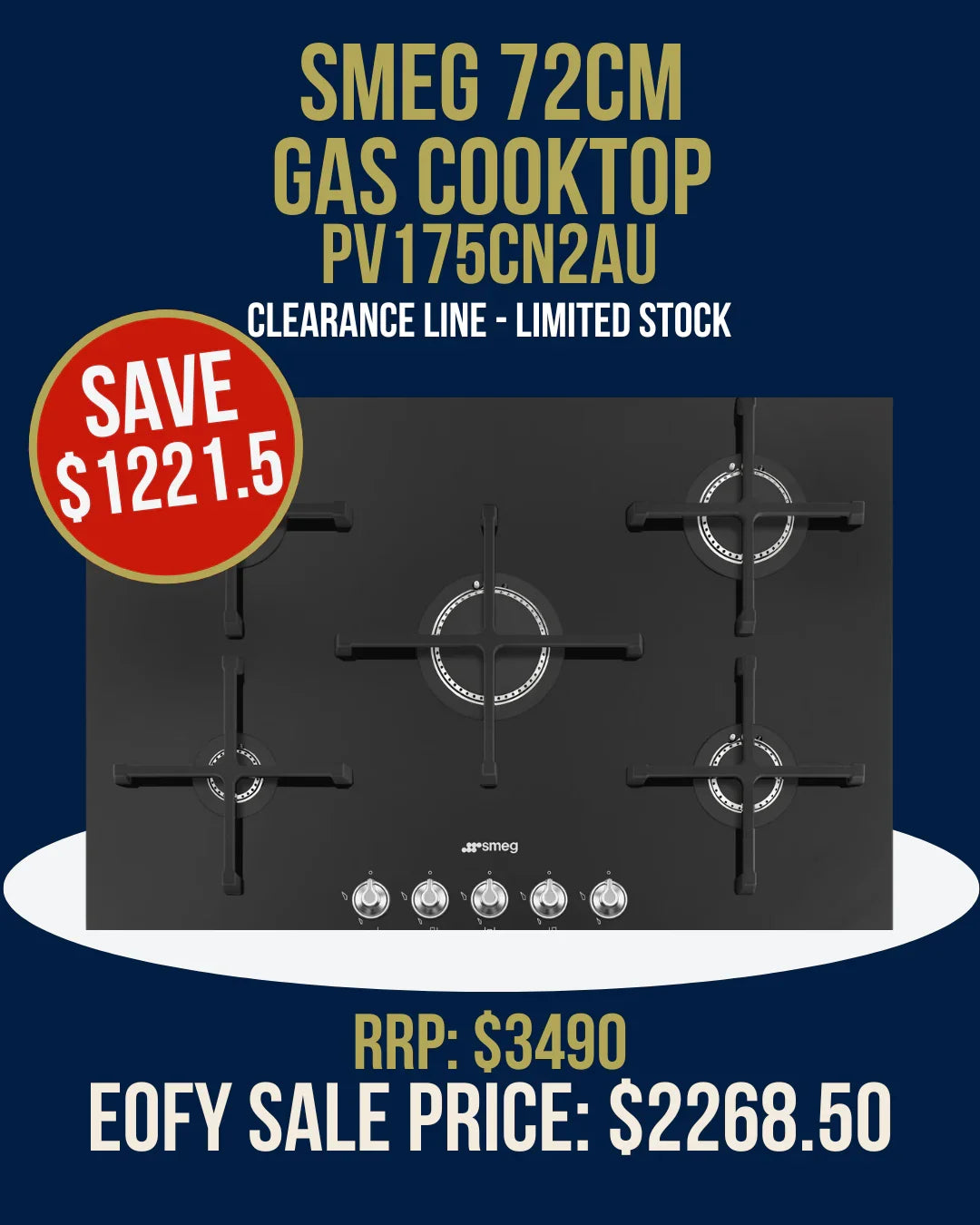Smeg 72cm Linea Gas Cooktop - PV175CN2AU *Clearance Line*