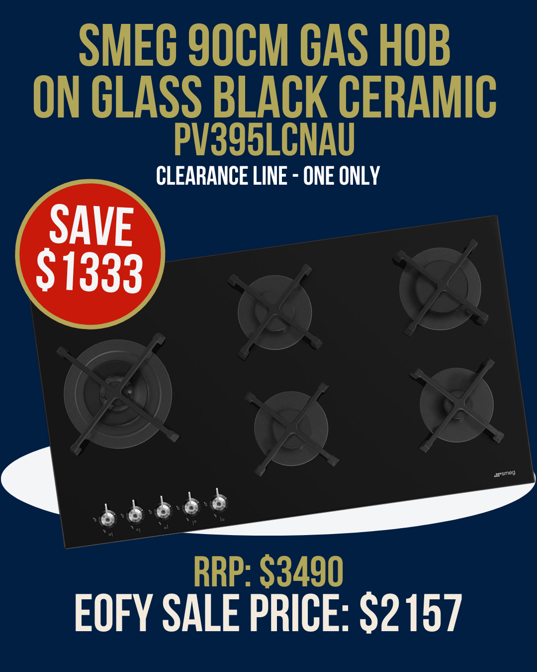 Smeg 90cm Gas Hob on Glass Black Ceramic - PV395LCNAU *Clearance Line*