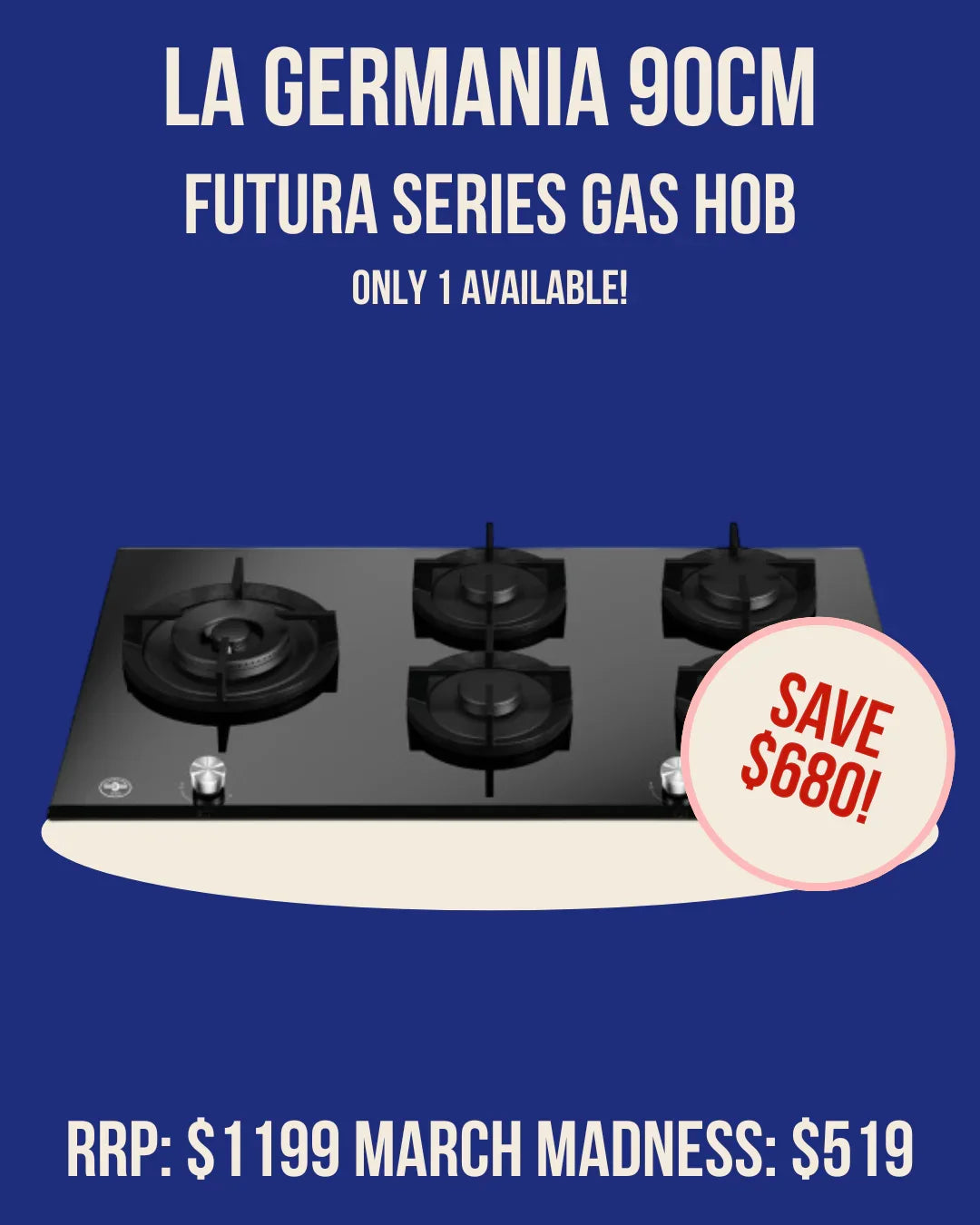 La Germania 90cm Futura Series Gas Hob with black glass surface and four burners