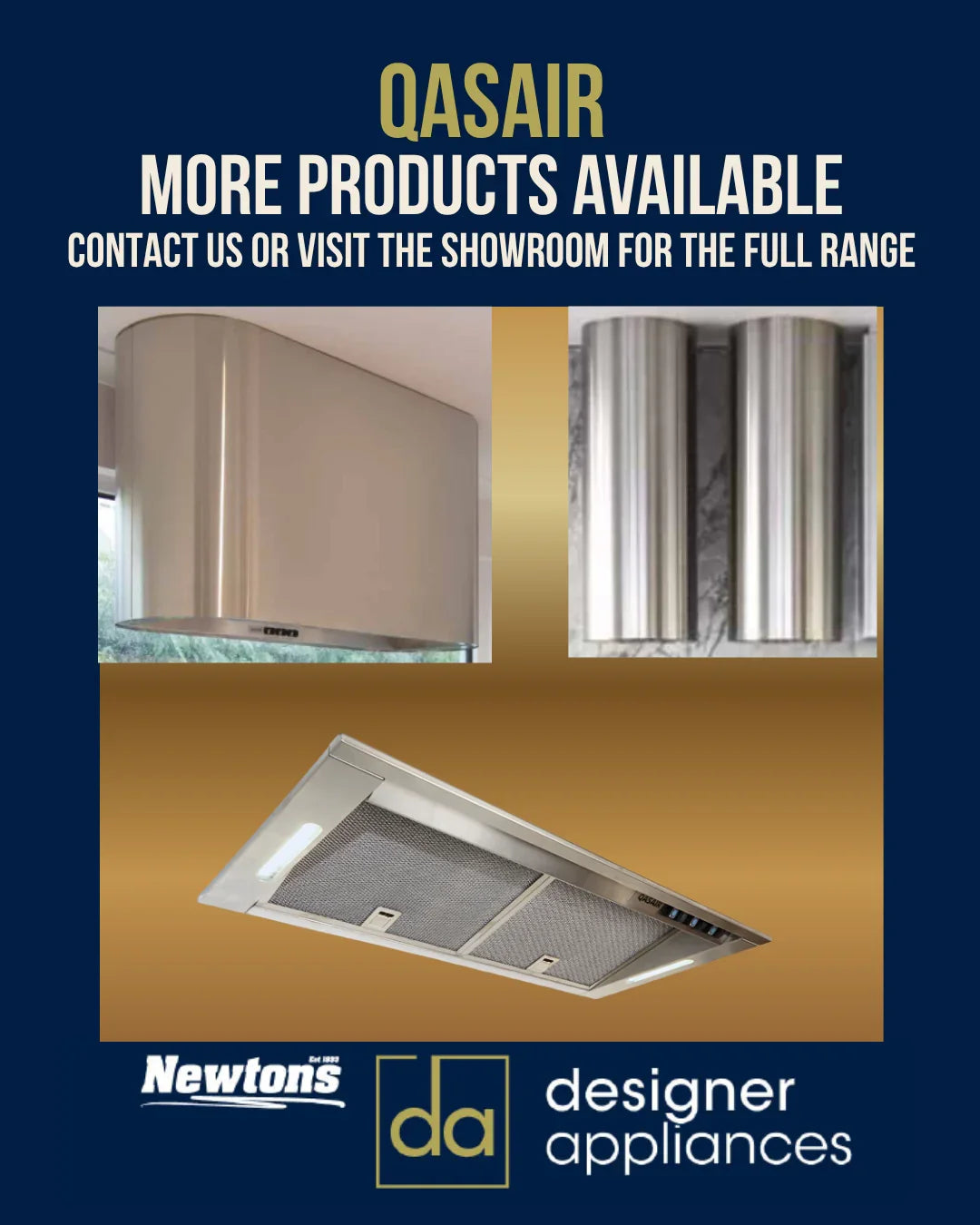 Qasair products and text stating Newtons Designer Applainces has access to all Qasair products
