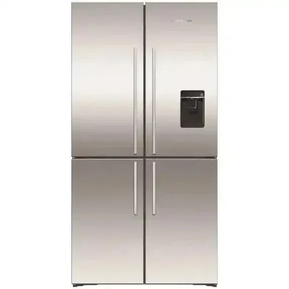 Stainless steel French door fridge with four doors and external water dispenser