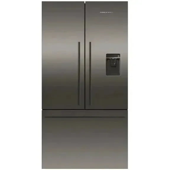 Black French door refrigerator with bottom freezer and sleek water dispenser