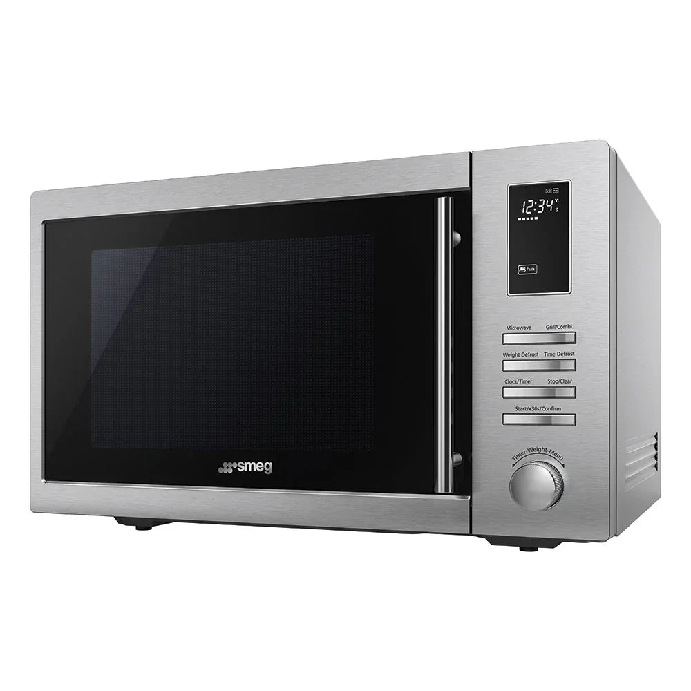 Stainless steel Smeg microwave with digital display and control panel