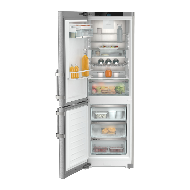 Liebherr Bottom Mount Fridge SCNsdh5253LHH fridge door is opened on a left hand hinge. Food and beverages can be see on the shelves and in the drawers.