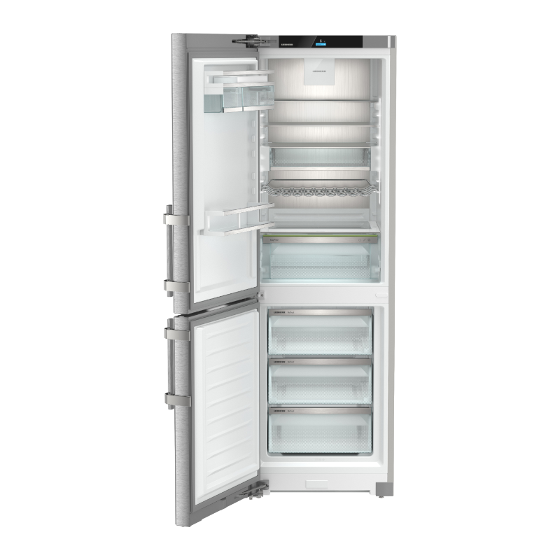 Liebherr Bottom Mount Fridge SCNsdh5253LHH fridge is open displaying empty shelves and drawers. Left hand opening hinge.