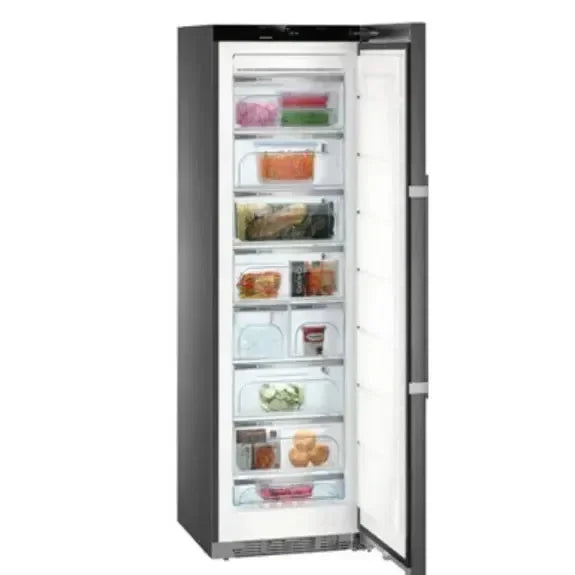 Tall European glass black upright induction cooker, 1100mm, with multiple drawers.