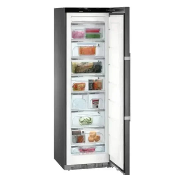 Tall European glass black upright induction cooker, 1100mm, with multiple drawers.