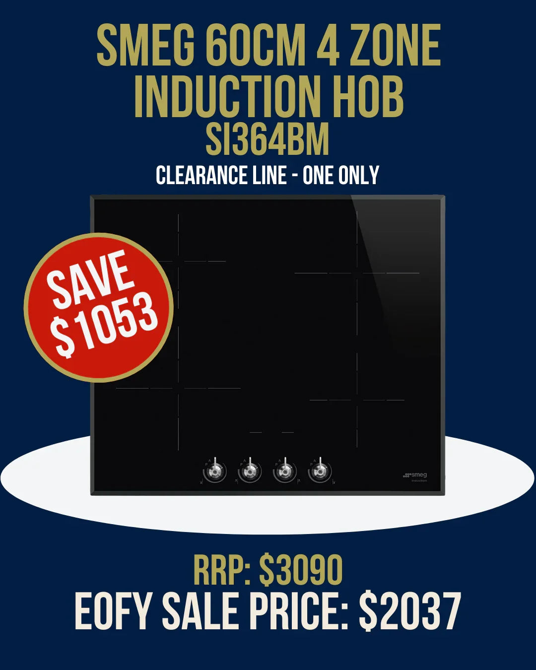 Smeg 60cm 4 zone induction hob SI364BM, black glass cooktop with rotary controls, clearance sale