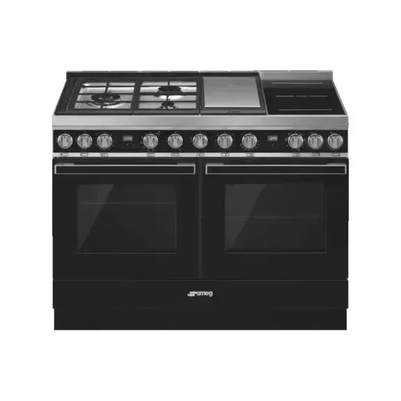 Falcon premium European Glass Black Upright 1100mm induction cooker with dual ovens and control knobs