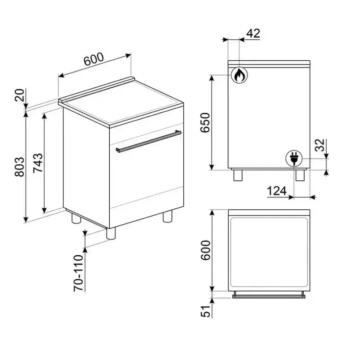 Falcon premium European Glass Black Upright 1100mm Induction Cooker technical dimensions diagram