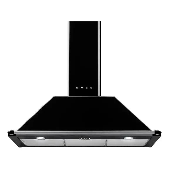 SMEG black glass kitchen hood with sleek design and integrated lighting