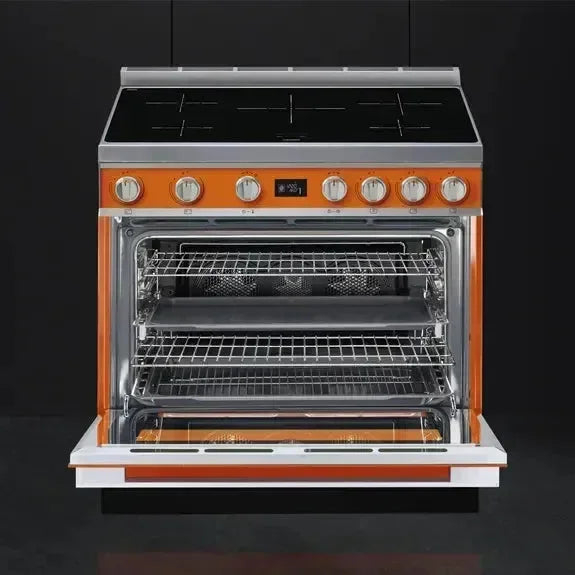 Falcon premium European glass black upright 1100mm induction cooker with orange accents
