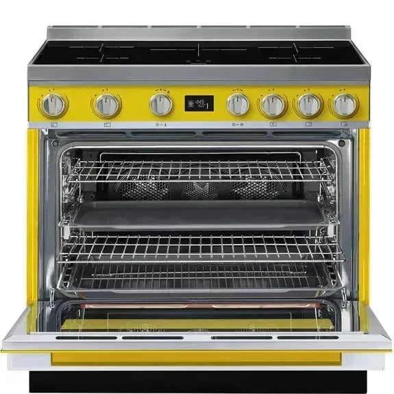 Yellow Falcon European glass induction cooker with open oven and racks
