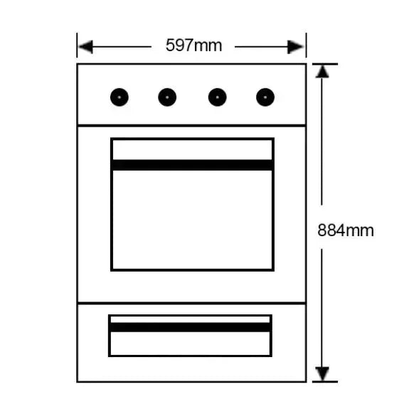Falcon premium European Glass Black Upright 1100mm Induction Cooker, front diagram with dimensions