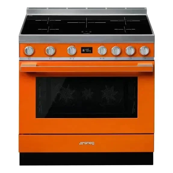 Falcon premium European glass black upright 1100mm induction cooker with vibrant orange finish