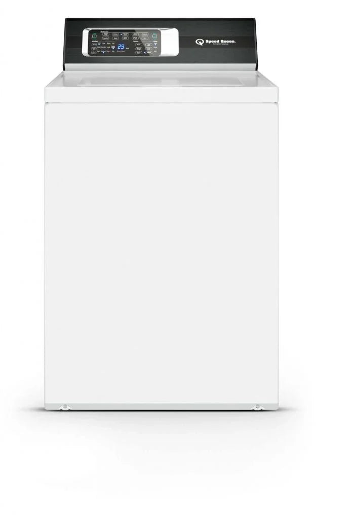 White top-load washing machine with digital control panel and black lid