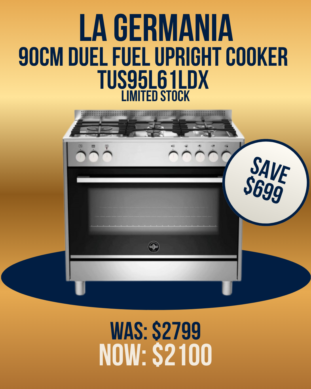 La Germania Futura 90cm Dual Fuel Upright Oven Stainless Steel - TUS95L61LDX *Ex-Display*