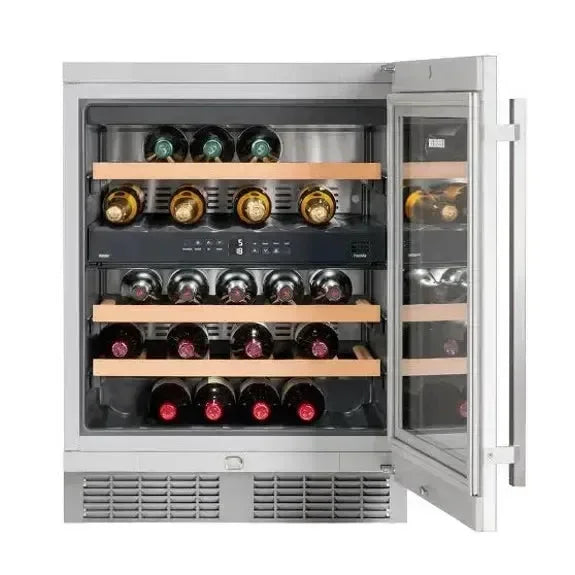 Modern stainless steel wine fridge with glass door and wooden shelves, bottles inside