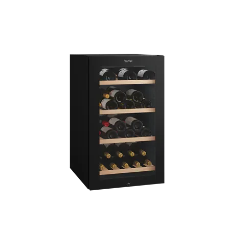 Black wine cooler with glass door storing bottles on wooden shelves
