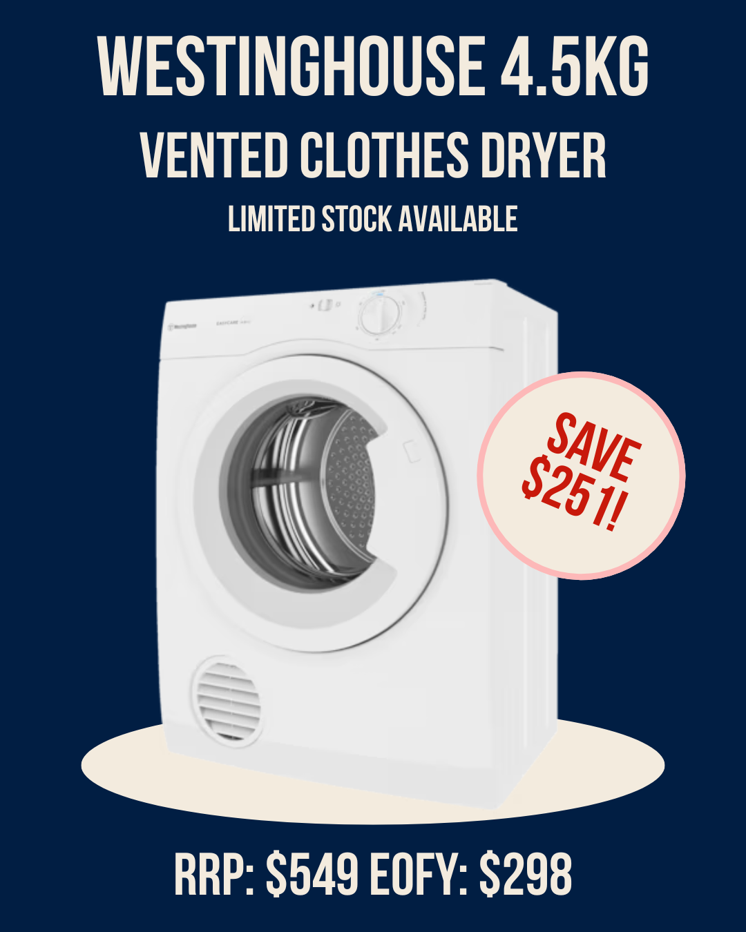 Westinghouse 4.5kg Vented Clothes Dryer WDV457H3WB