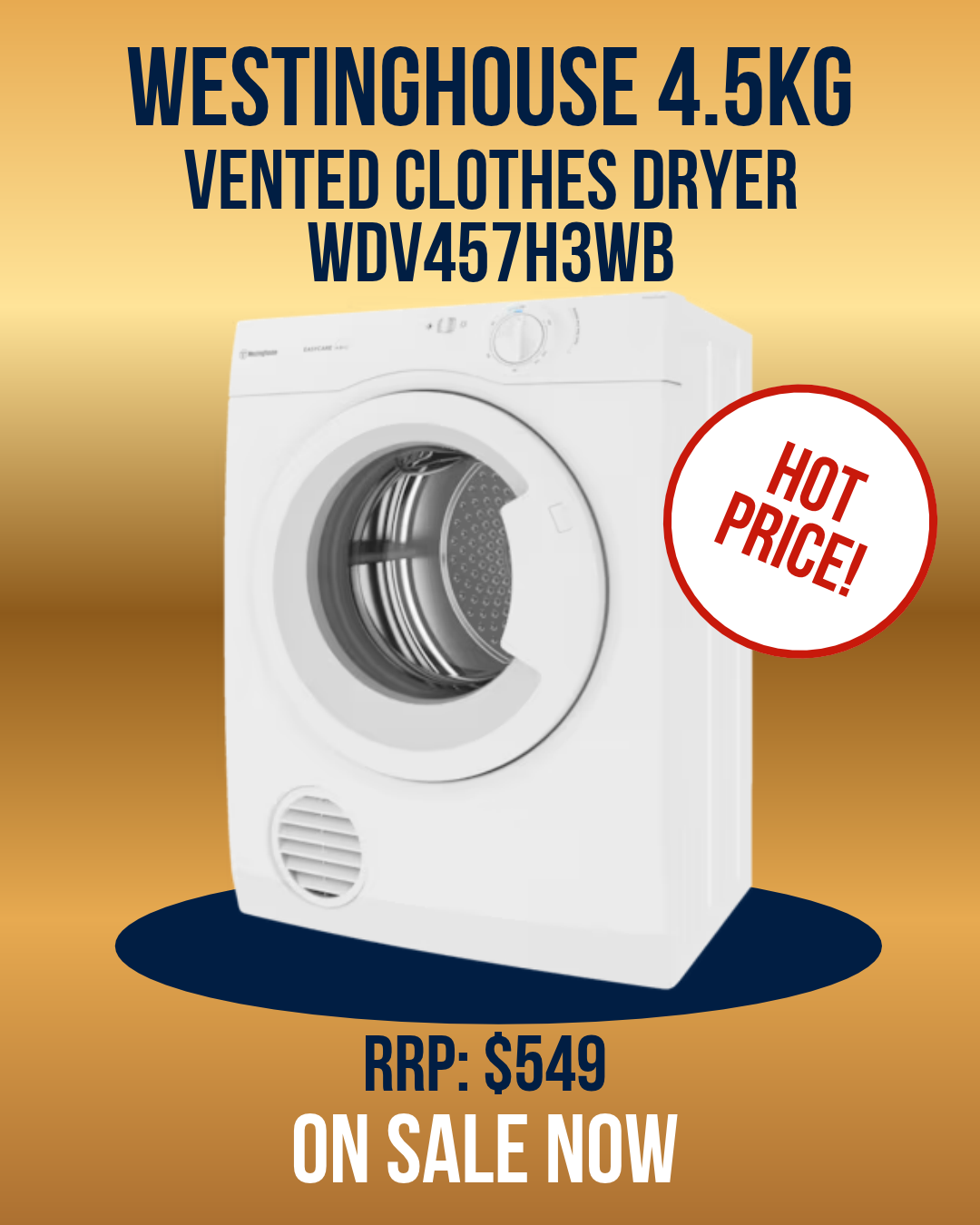 Promotional picture for Westinghouse 4.5kg Vented Clothes Dryer WDV457H3WB