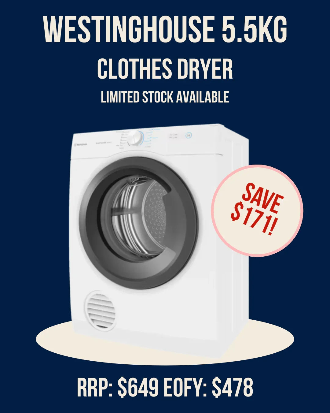 Westinghouse 5.5kg clothes dryer with front load door, limited stock, save $171