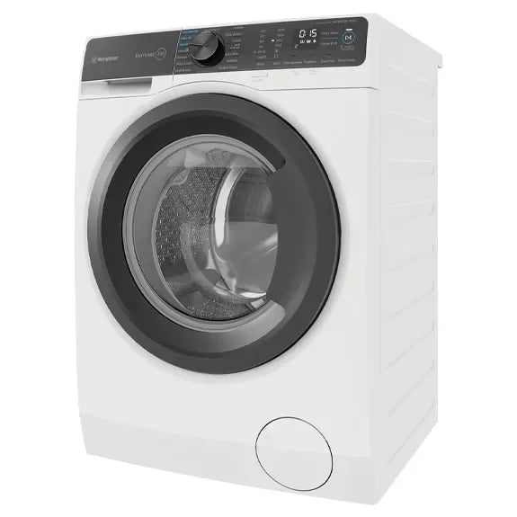 White front-load washing machine with digital control panel and large glass door