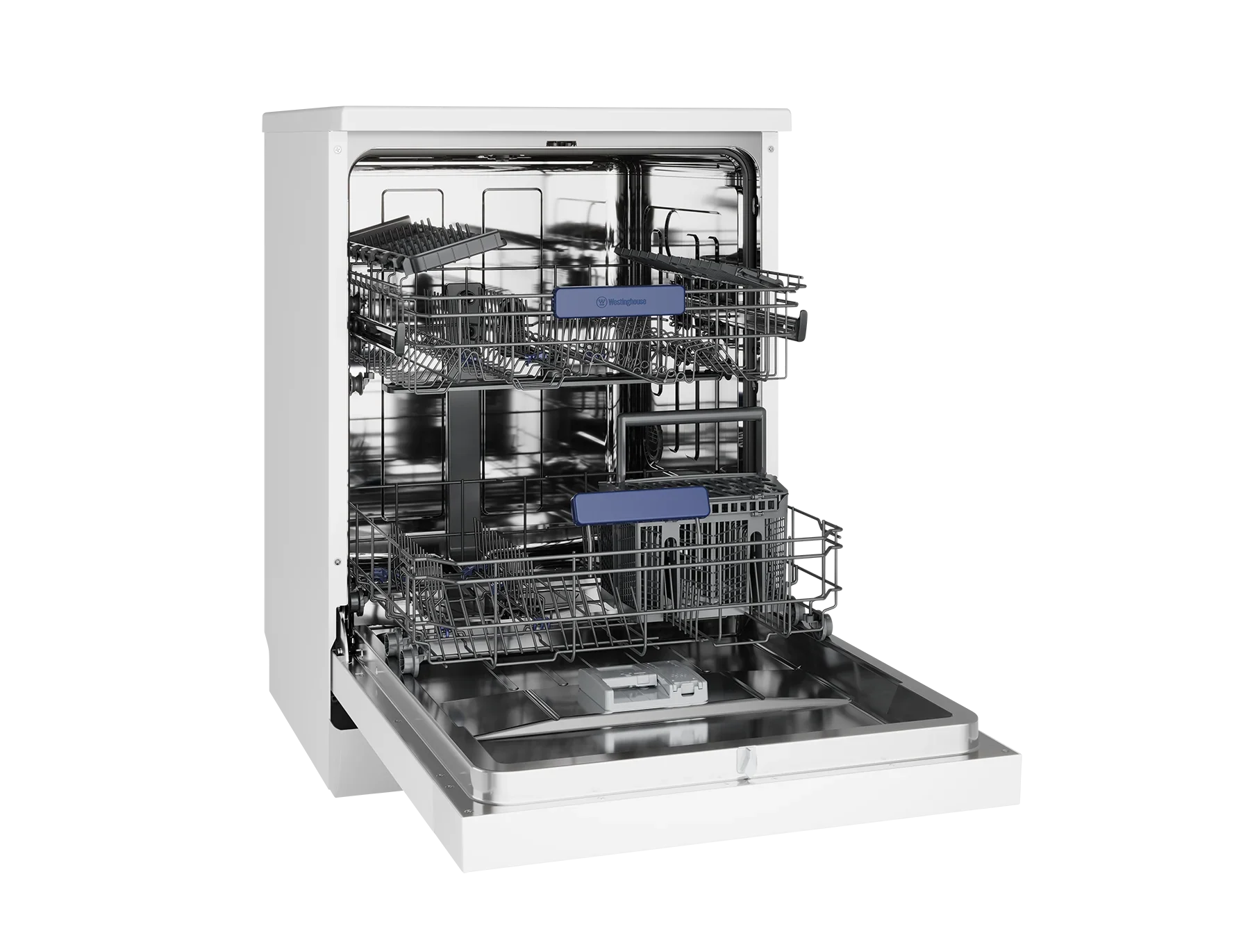 Open white dishwasher with stainless steel interior and adjustable racks