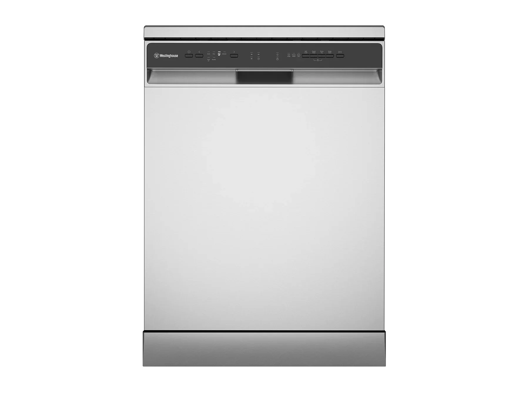 Stainless steel Westinghouse dishwasher with control panel, sleek modern kitchen appliance design