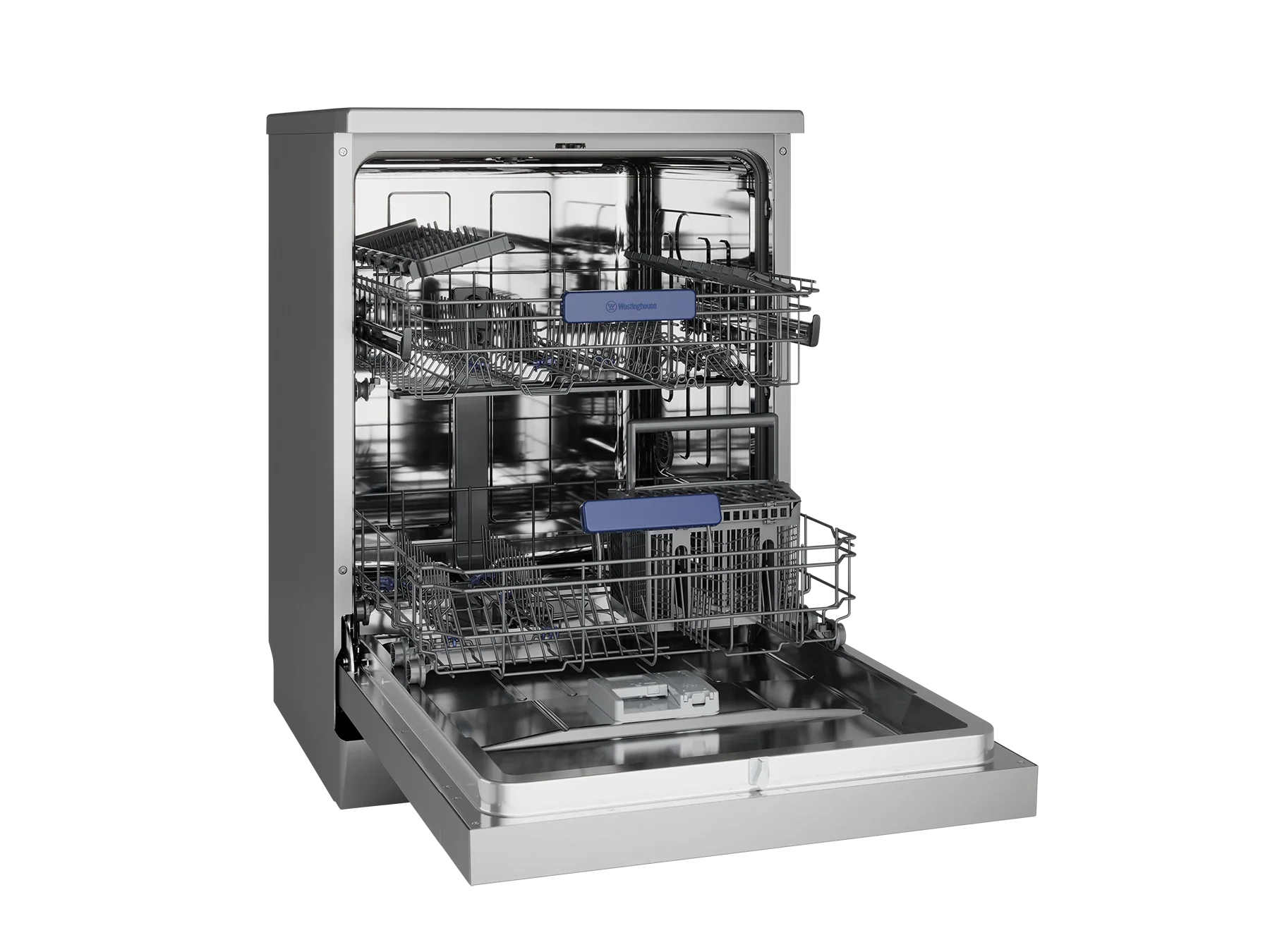Stainless steel dishwasher with open door, showing interior racks and Westinghouse branding