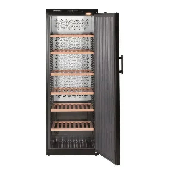 Black upright induction cooker with glass front and multiple wooden shelves