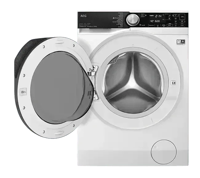AEG front load washing machine with open door, sleek control panel, and stainless steel drum