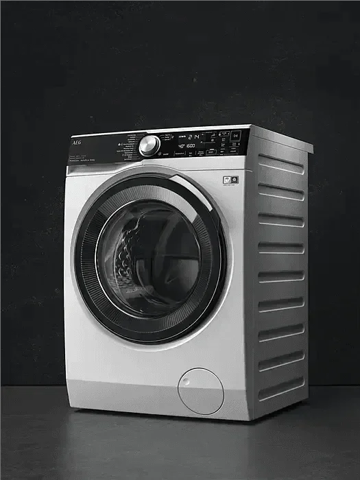 Modern front load washing machine with digital display and sleek stainless steel design