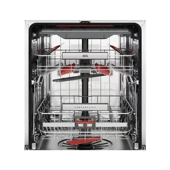 AEG dishwasher interior with ComfortLift rack, stainless steel design, red accents, ideal for modern kitchens