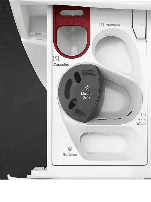 Detergent dispenser drawer with liquid, capsule, and softener compartments for modern washing machine
