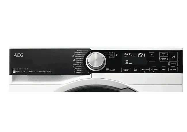 AEG 9000 Series front load washing machine with ProSteam and 3DScan tech, sleek black control panel