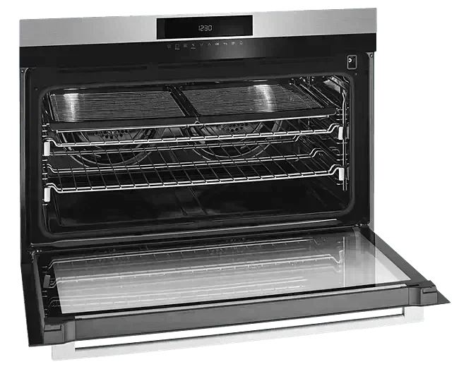 Stainless steel built-in oven with digital display and multiple racks for modern kitchen appliances