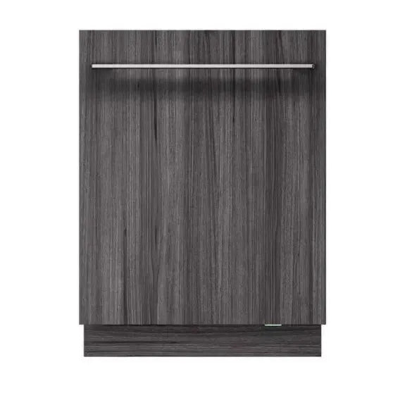 Modern panel-ready dishwasher with dark wood grain finish and sleek handle for designer kitchen appliances