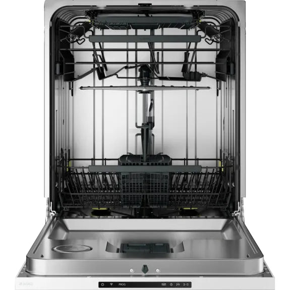 Stainless steel dishwasher interior with adjustable racks and spray arms for clean dishes