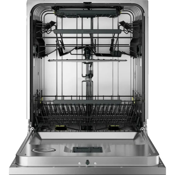 Stainless steel dishwasher interior with adjustable racks and spray arms for modern kitchen appliances