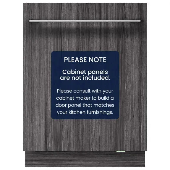 Dark wood grain dishwasher panel with note: cabinet panels not included, consult cabinet maker for custom fit.