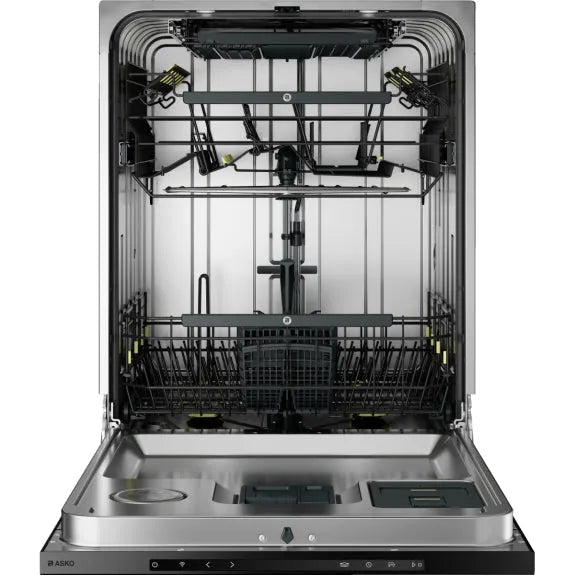 Stainless steel ASKO dishwasher interior with adjustable racks and control panel