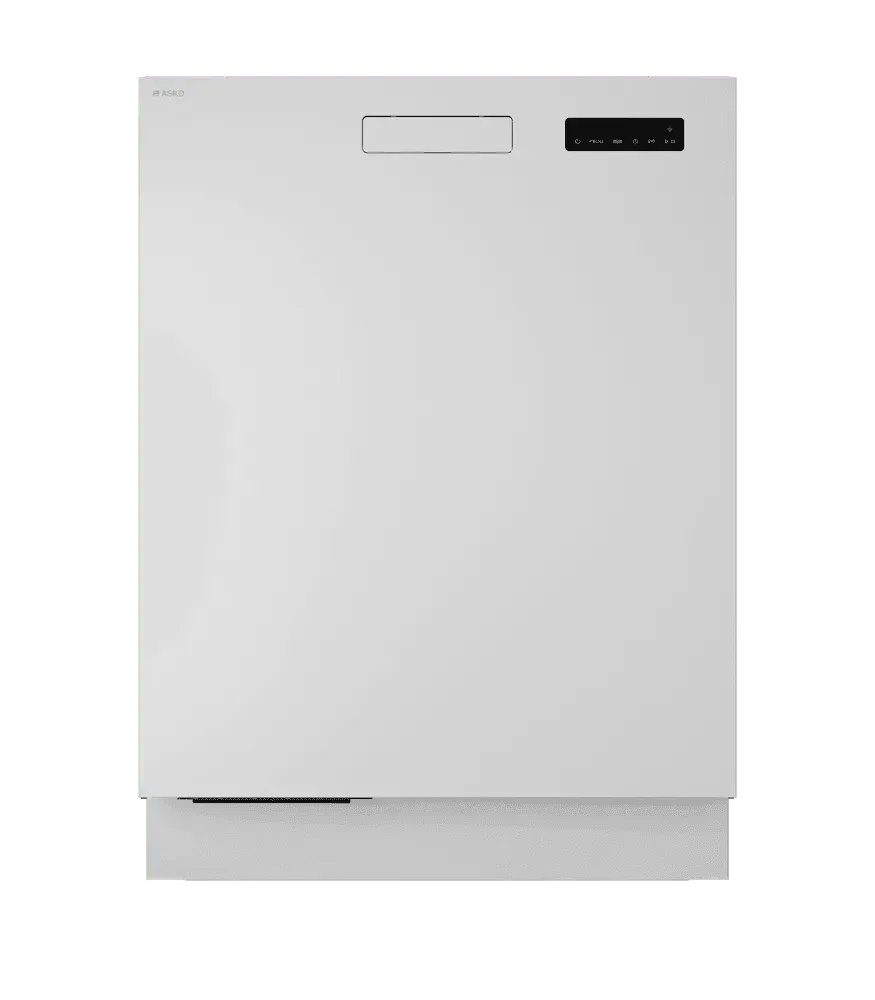 Sleek white ASKO dishwasher with digital control panel, perfect for modern kitchen appliance upgrades.