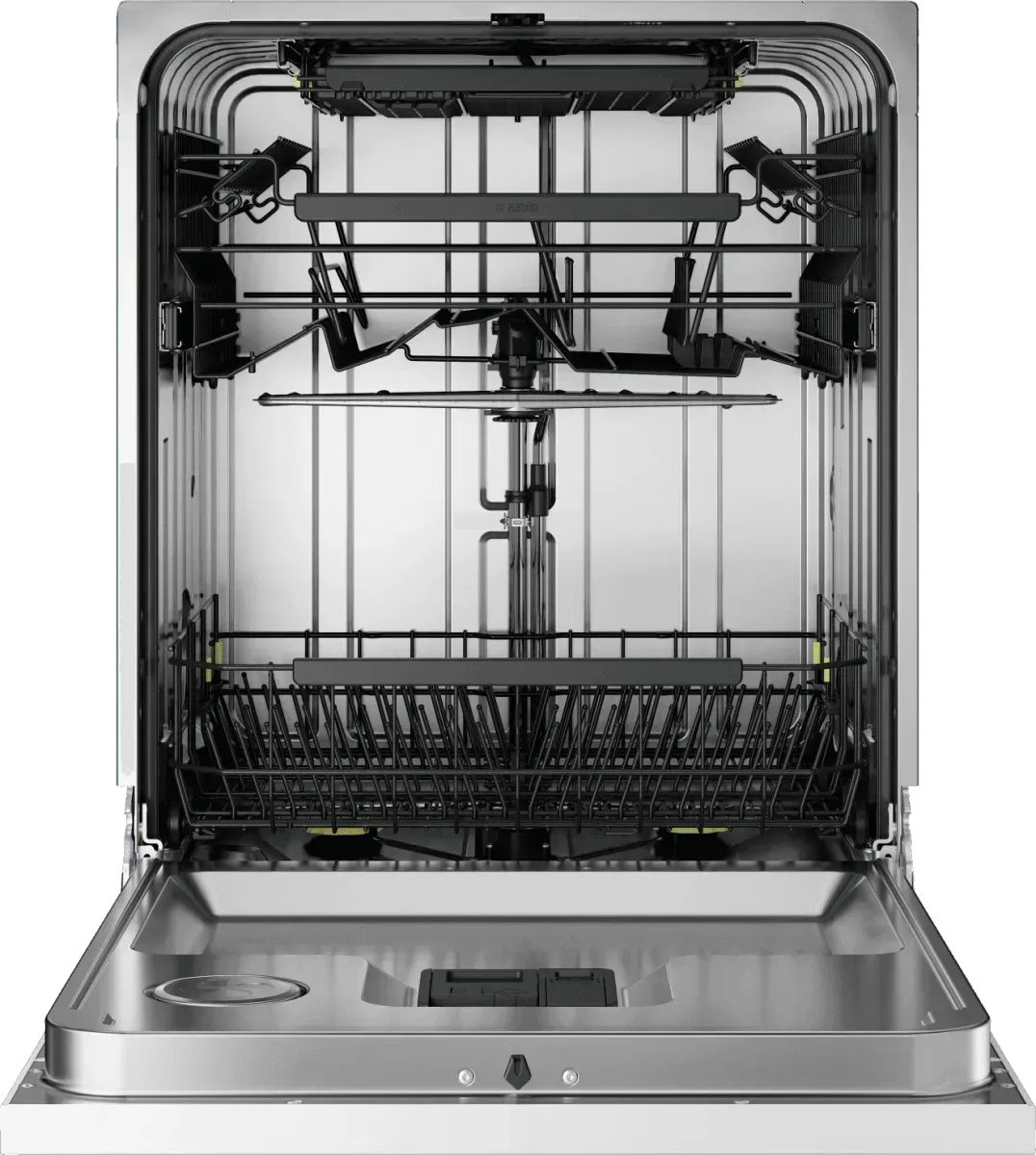 Stainless steel dishwasher interior with adjustable racks and spray arms for modern kitchen appliances