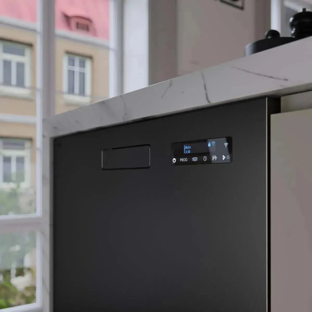 Sleek black smart dishwasher with digital display under marble countertop in modern kitchen