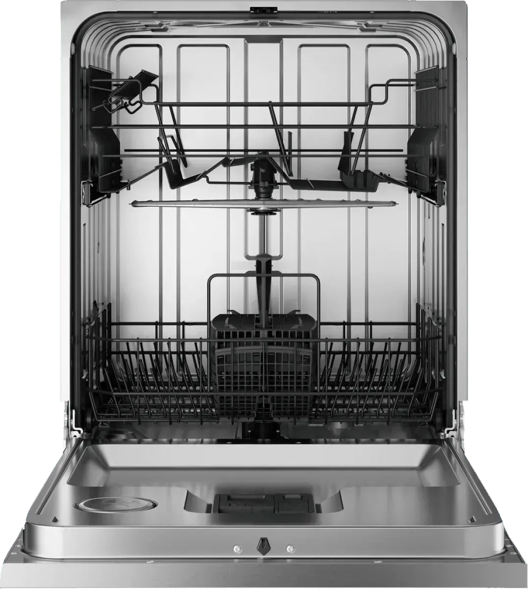 Stainless steel dishwasher interior with adjustable racks and utensil basket for modern kitchen appliances