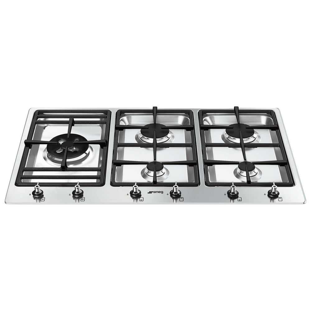 Smeg 90cm Gas Cooktop PSA906-4 - 5 burners Classic Design in stainless steel with black trivets.