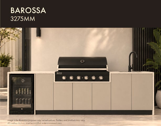 Product image for Barossa by Euro Alfresco display a single door beverage fridge, 6 burner bbq and sink and tap in 3.2m of cabinetry.